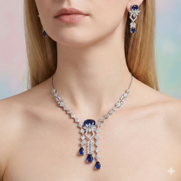 Royal Sapphire Cascade Imitation Necklace & Earrings Set
